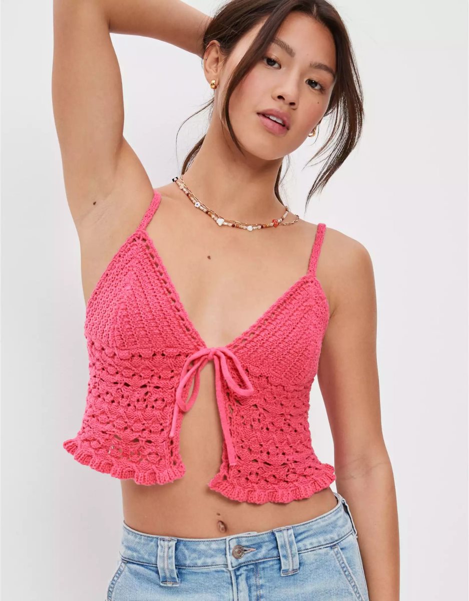 Cardigan American Eagle AE Crochet Tie-Front Cami Rose Femme | WVP-93033159